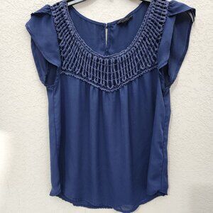 Mine Blouse Womens Small Blue Sheer Crochet Yoke
